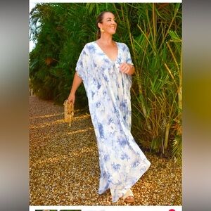 Buddy love  Blue Clouds Caftan dress bow boho spring coastal oversized nwot